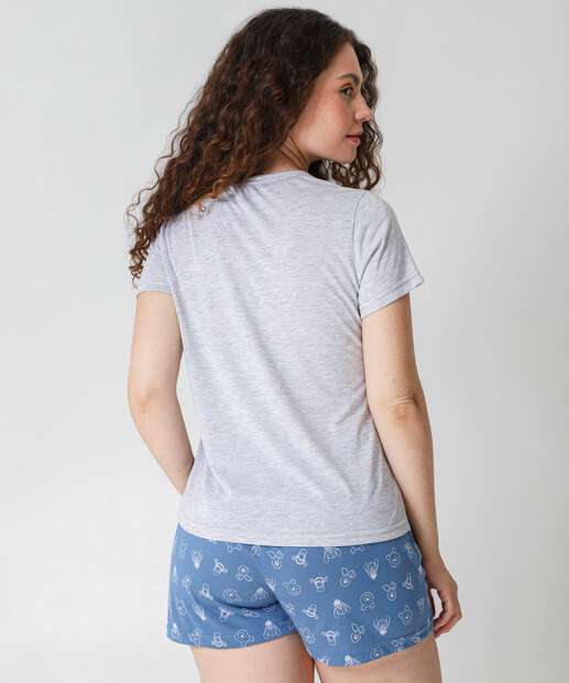 Pijama Feminino Estampa Ursinho Puff Manga Curta Cinza