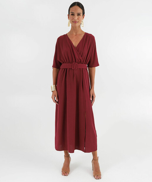 Vestido Feminino Midi Cinto Fenda Marisa Vinho