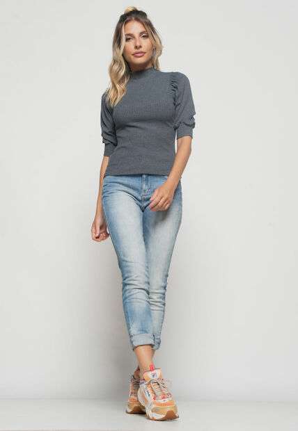 Blusa  Princesa Manga Curta Canelada Grafite