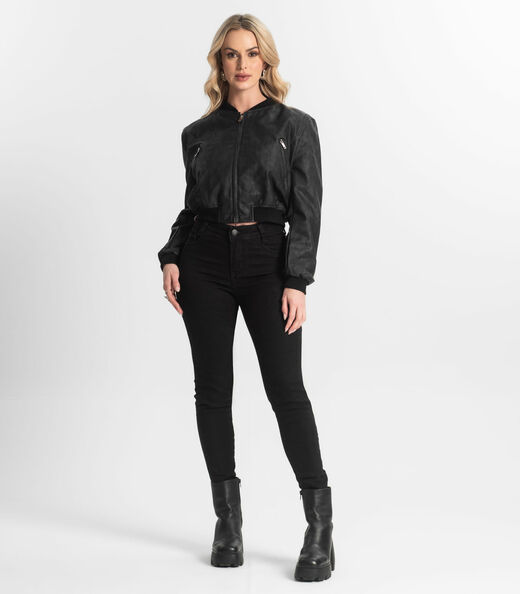 Jaqueta Feminina Bomber PU Hansez Preto