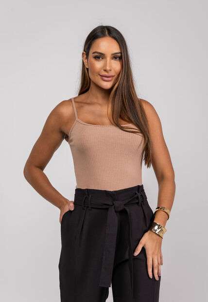 Regata Alcinha Malha Canelada Marrom Salvatore Fashion