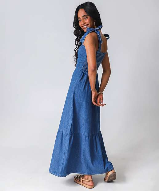 Vestido Jeans Longo Lastex Feminino Marisa Azul