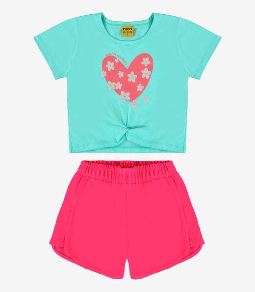 Conjunto Blusa Estampada Coração E Short Rovi Kids Azul