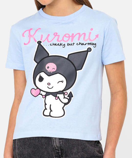Blusa Juvenil Manga Curta Kuromi Sanrio Tam 10 a 16 Azul