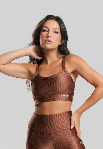 Conjunto Fitness Poliamida Calça e Top Texturizado com Brilho Marrom Salvatore