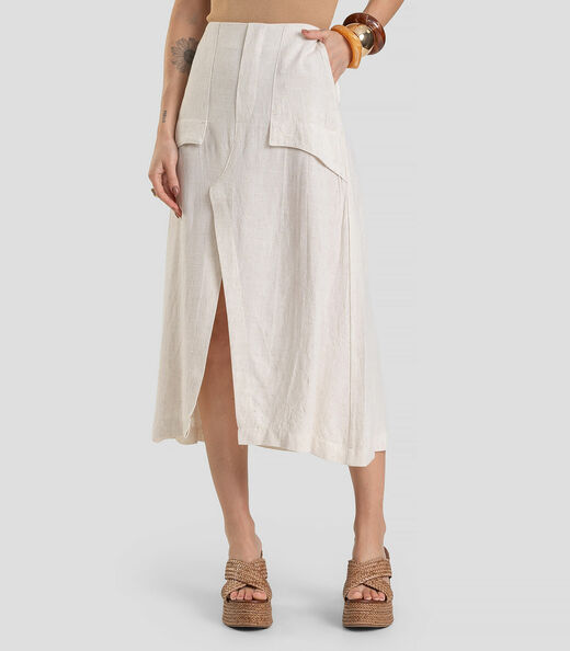 Saia Midi Feminina em Linho Dianna Bege
