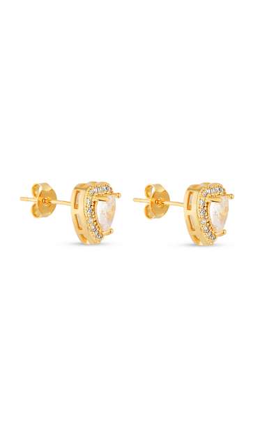 Trio de Brincos Semijoia Coração Cristal com Micro Zircônias  Banhados a ouro 18