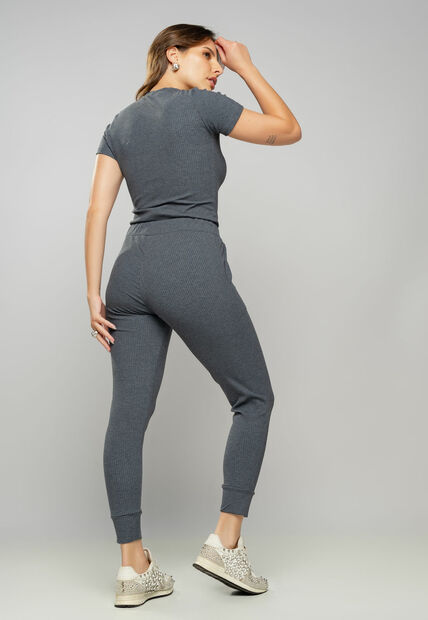 Blusa Comfy Básica Manga Curta Malha Canelada Grafite Salvatore Fashion