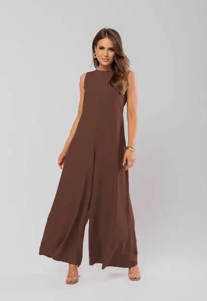 Macacão Regata Feminino Alfaiataria Pantalona Marrom Salvatore Fashion