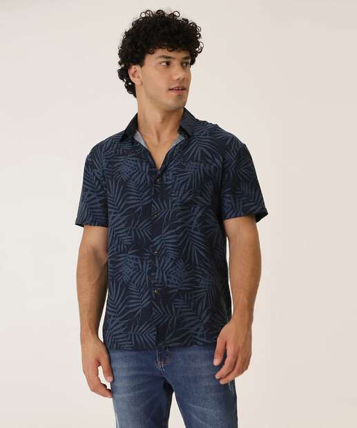 Camisa Masculina Estampa Folhas Manga Curta MR