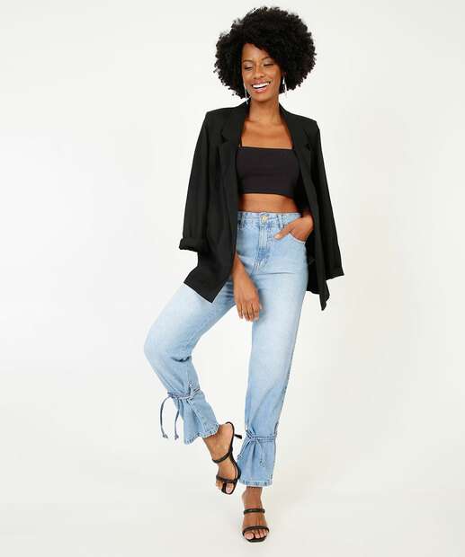 Calça Reta Feminina Bolsos Amarração Zune Jeans