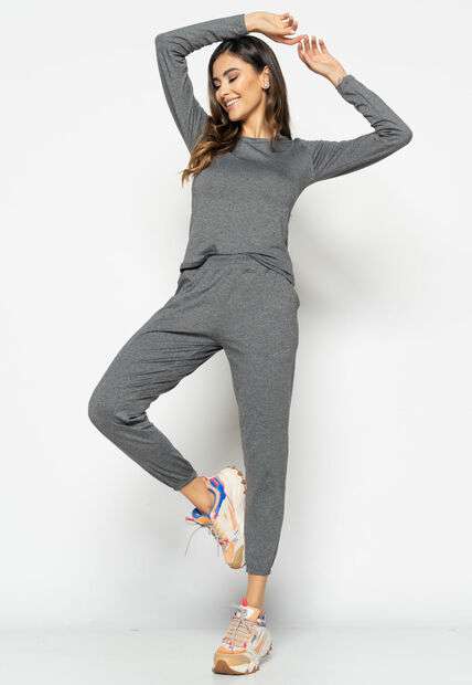 Blusa  Básica Manga Longa e Gola Redonda Malha Grafite