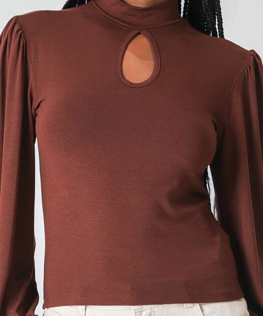 Blusa Feminina Vazado Manga Princesa Marisa Marrom