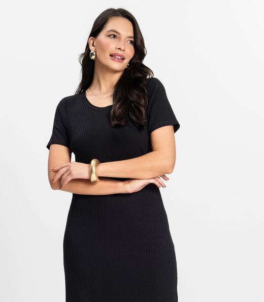 Vestido Midi Ribana Canelada Básico Rovitex Preto