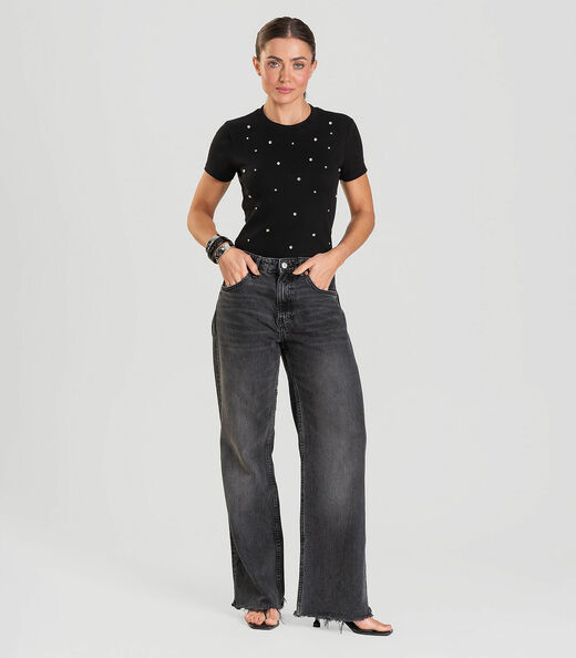 Blusa Feminina Manga Curta Com Rebites Dianna Preto