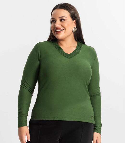 Blusa Plus Size Manga Longa Feminina Secret Glam Verde