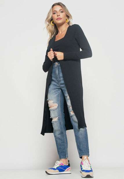 Kimono  Alongado Manga Longa Canelado Preto Salvatore Fashion