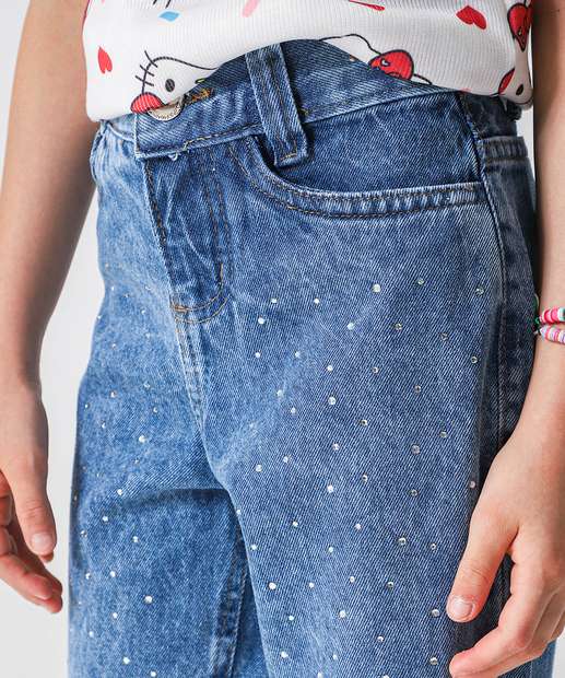 Calça Jeans Mom Strass Infantil Tam 4 a 10 Azul