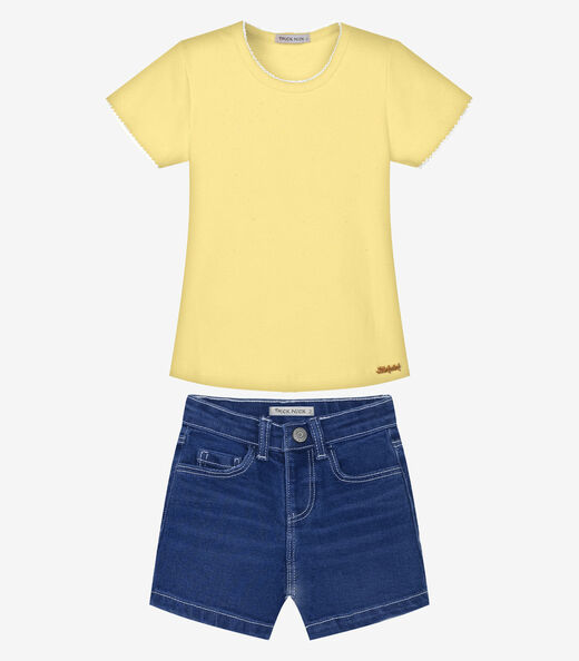 Conjunto Infantil Blusa E Shorts Jeans Trick Nick Amarelo