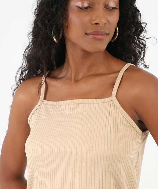 Blusa Regata Feminina Canelada Alongada Marisa Bege