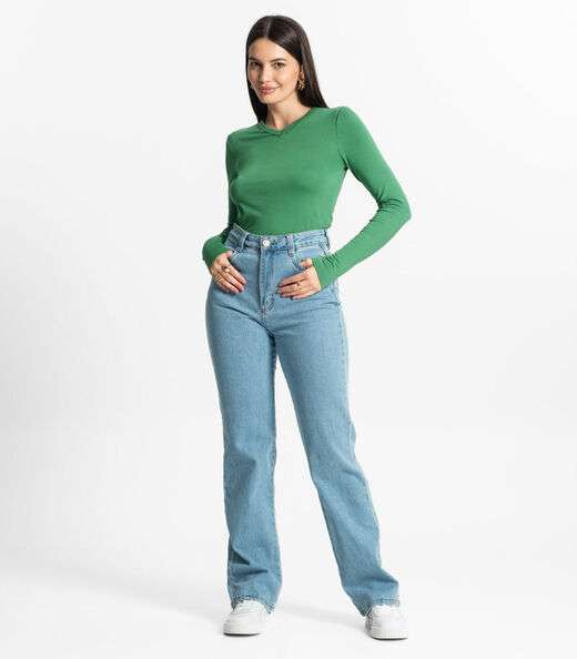 Blusa Manga Longa Decote V Básica Select Verde