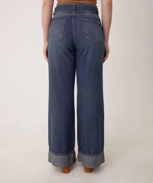 Calça Jeans Wide Leg Bolsos Feminina 