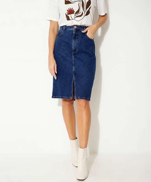Saia Midi Feminina Jeans Bolsos Marisa