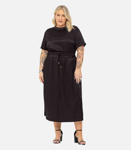 Saia Midi Plus Size Secret Glam Preto