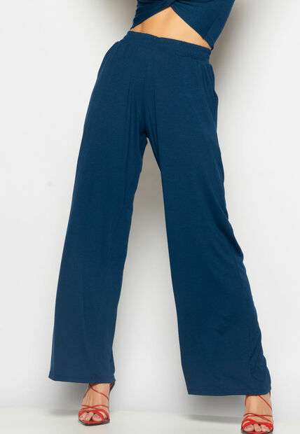 Conjunto Cropped Nó e Wide Leg Malha Azul Salvatore