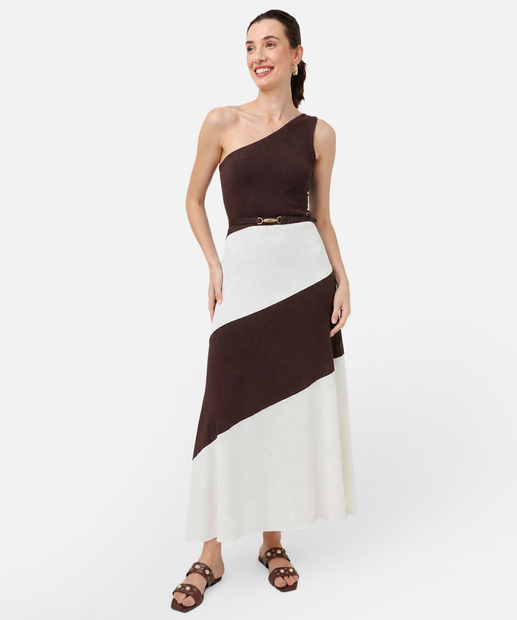 Vestido Ombro Só Feminino Bicolor Marisa Marrom