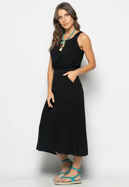 Conjunto Regata Drapeada e Saia Midi Malha Preto Salvatore