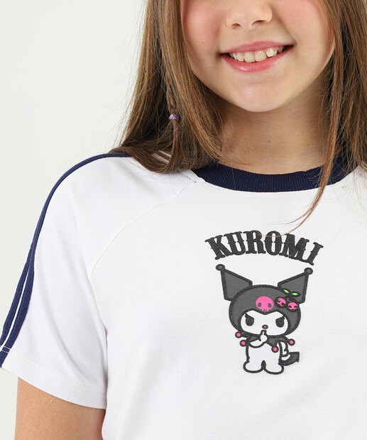 Blusa Juvenil Manga Curta Friso Kuromi Tam 10 a 16 Off White