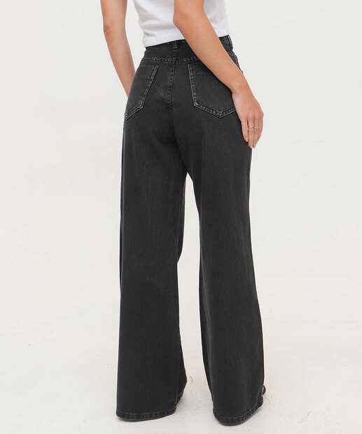 Calça Jeans Wide Leg Bolsos Feminina Sawary