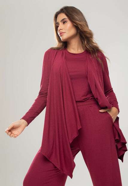 Conjunto Com Kimono, Blusa Manga Longa e Wide Leg Malha Vinho Salvatore