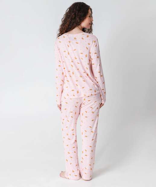 Pijama Feminino Estampado Manga Longa Marisa Rosa