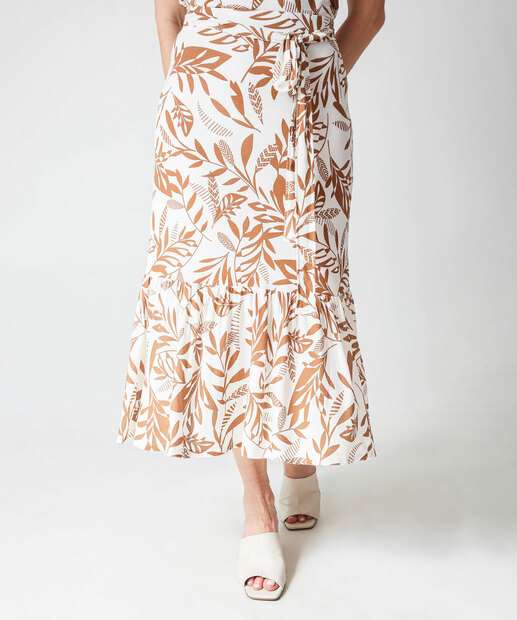 Saia Midi Feminina Estampa Folhas Babado Marisa