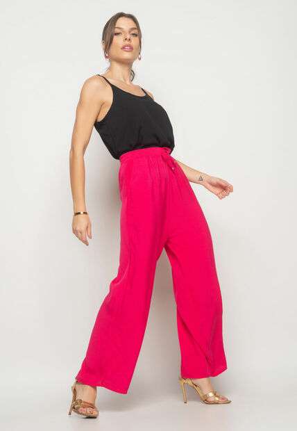 Calça Wide Leg Viscolinho Com Bolso Rosa Salvatore Fashion
