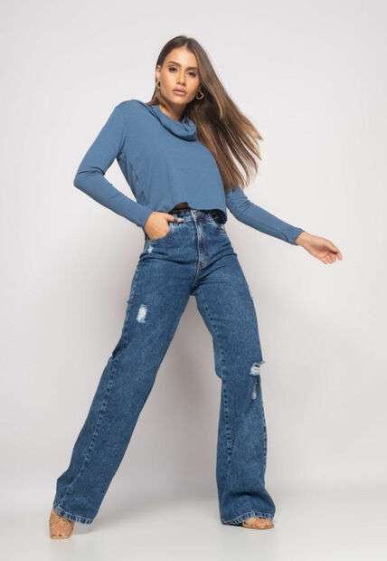 Blusa Golão Manga Longa Canelada Azul Jeans Salvatore Fashion