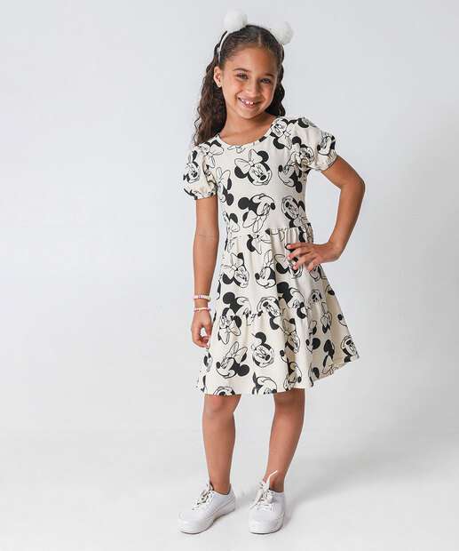 Image_Vestido Infantil Minnie Manga Bufante Disney Tam 4 a 10 Bege