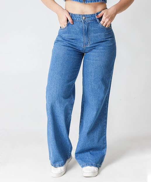 Calça Jeans Wide Leg Bolsos Feminina Marisa