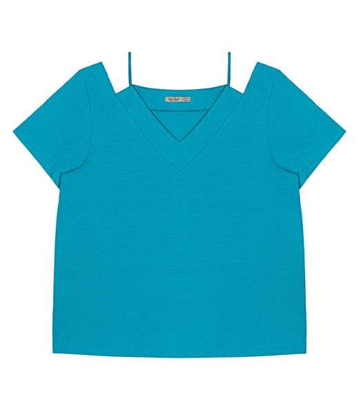 Blusa Feminina Plus Size Decote V Secret Glam Azul