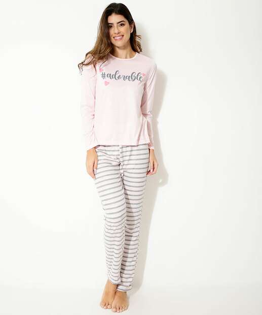 Pijama Feminino Estampa Frase Manga Marisa