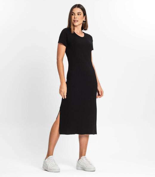 Vestido Midi Ribana Canelada Básico Rovitex Preto