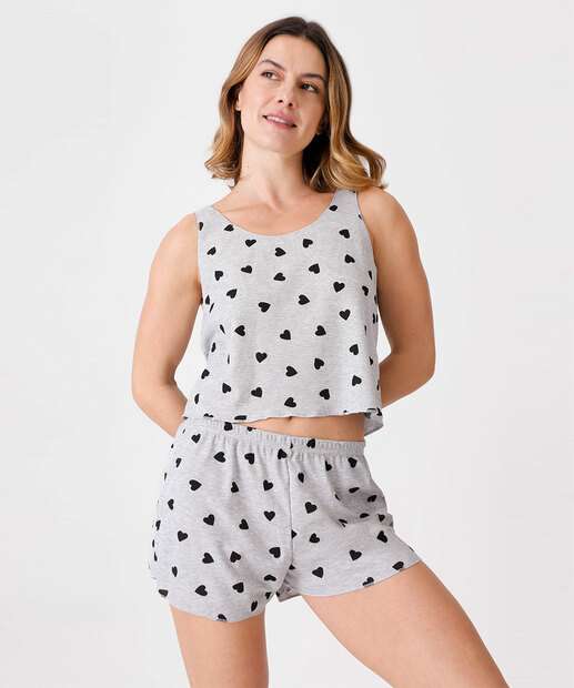 Pijama Feminino Canelado Coração Sem Manga Marisa