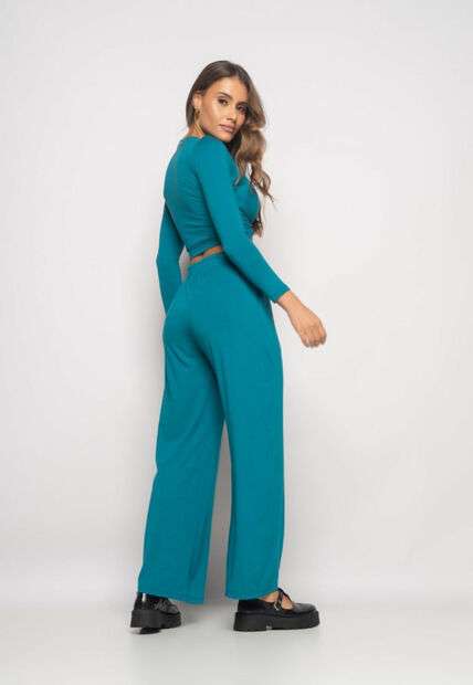 Conjunto Cropped Nó e Wide Leg Manga Longa Malha Azul Salvatore