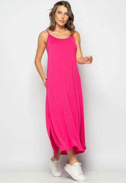 Vestido Longo Alcinha Com Barra Arredondada E Bolsos Pink Salvatore