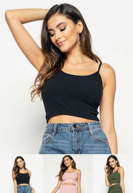 Image_Kit 3 Croppeds  Alça Fina Canelado Preto, Rosa e Verde