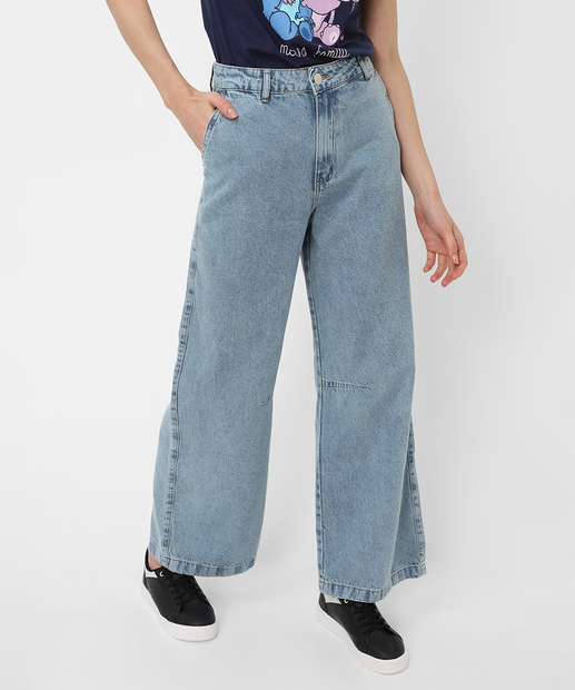 Calça Feminina Jeans Wide Leg Petit  Bolsos Azul