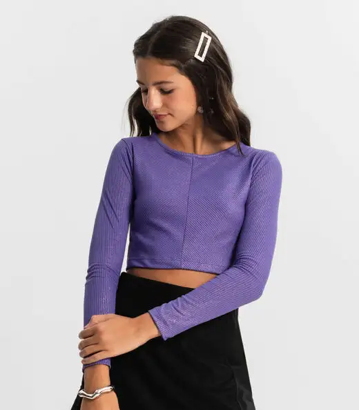 Blusa Cropped Juvenil Manga Longa Minty Roxo