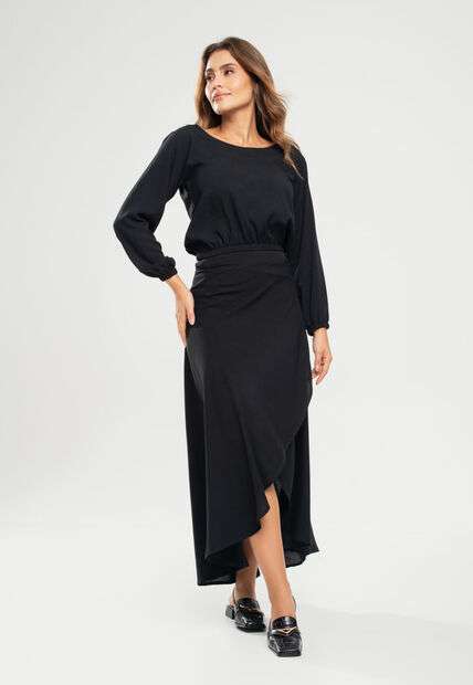 Cropped Gola Canoa Manga Longa Viscolinho Preto Salvatore Fashion